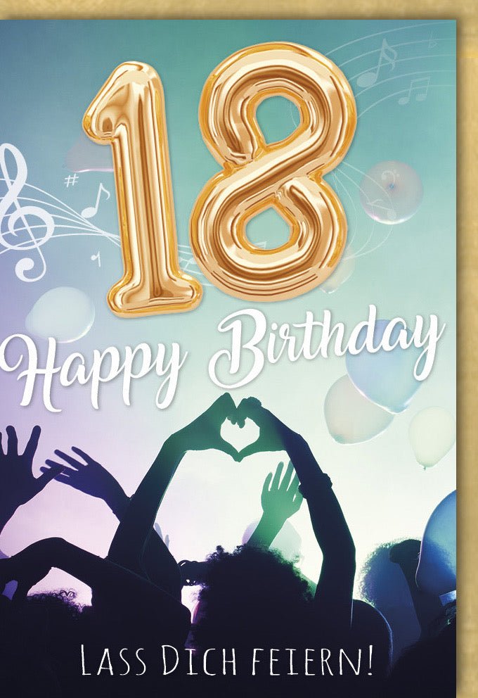 Geburtstagskarte zum 18. Jubiläum - Volljährigkeit Celebration mit Ballons, Musik & Gold Konfetti