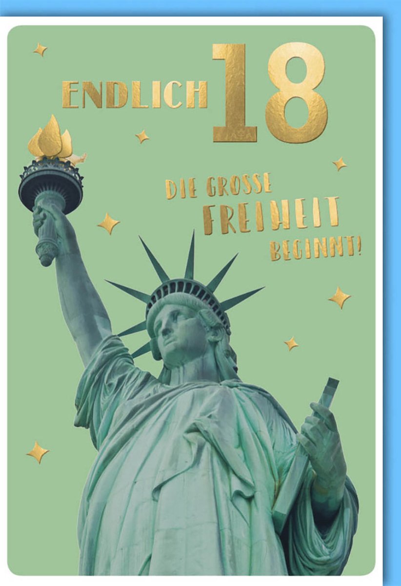 Geburtstagskarte zum 18. Jubiläum - Volljährigkeit mit Freiheitsstatue Motiv, Glückwunschkarte für Jugendliche, Erwachsenwerden Feier, Festliche Gratulationskarte für Teenager Party Einladung