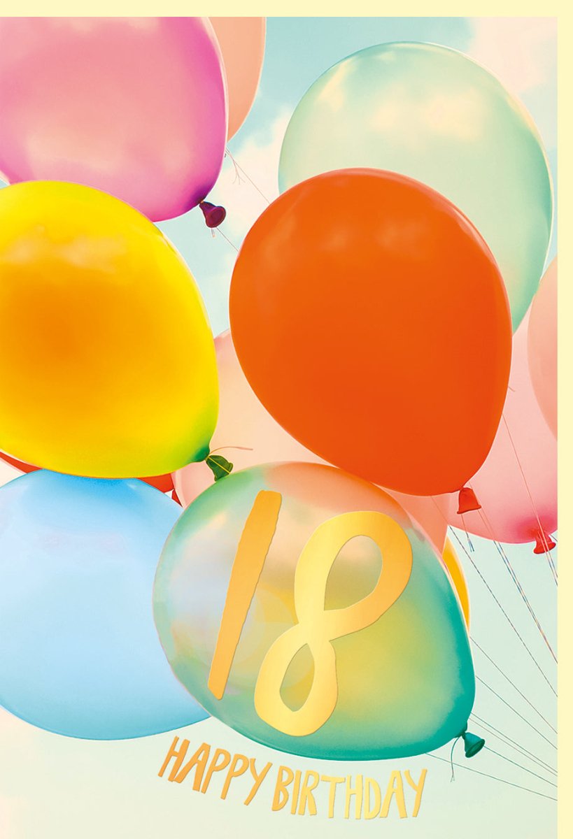 Geburtstagskarte zum 18. Volljährigkeit - Bunte Luftballons & Feier Motiv, Glückwunschkarte für Teenager, Erwachsenwerden Jubiläum, Achtzehnter Geburtstag Geschenk, Party Dekoration Celebration
