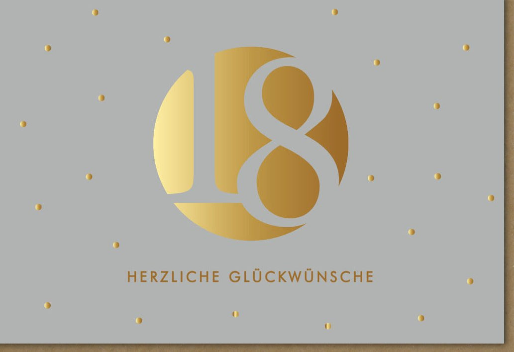 Geburtstagskarte zum 18. Volljährigkeit - Elegante Glückwunschkarte mit Goldenen Akzenten, Stilvolle Feier - Dekoration, Unisex Design in Gold & Grau für Teenager & Jugendliche - Erwachsenwerden Grußkarte
