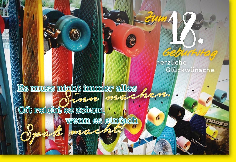 Geburtstagskarte zum 18. - Volljährigkeit mit Skateboard - Motiv | Bunte Glückwunschkarte für Jugendliche, Feier & Spaß