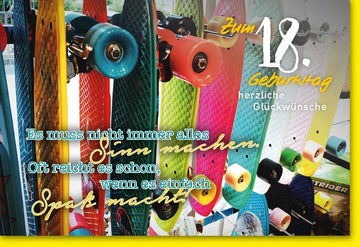 Geburtstagskarte zum 18. - Volljährigkeit mit Skateboard - Motiv | Bunte Glückwunschkarte für Jugendliche, Feier & Spaß