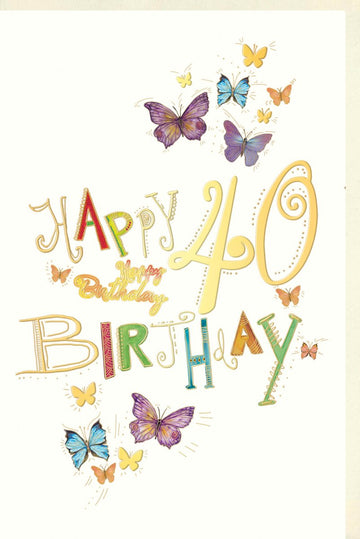 Geburtstagskarte zum 40. Jubiläum - Bunte Schmetterlinge, Festliche Dekoration, Glückwunsch & Gratulation Grußkarte