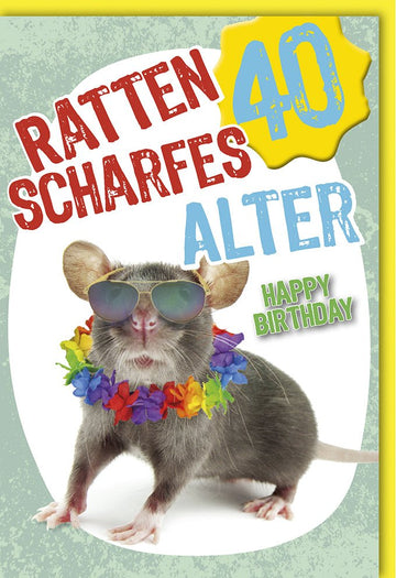 Geburtstagskarte zum 40. - Lustige Ratten mit Sonnenbrille & Blumenkette, Humorvolle Gratulationskarte, Bunte Jubiläumsfeier Glückwunschkarte
