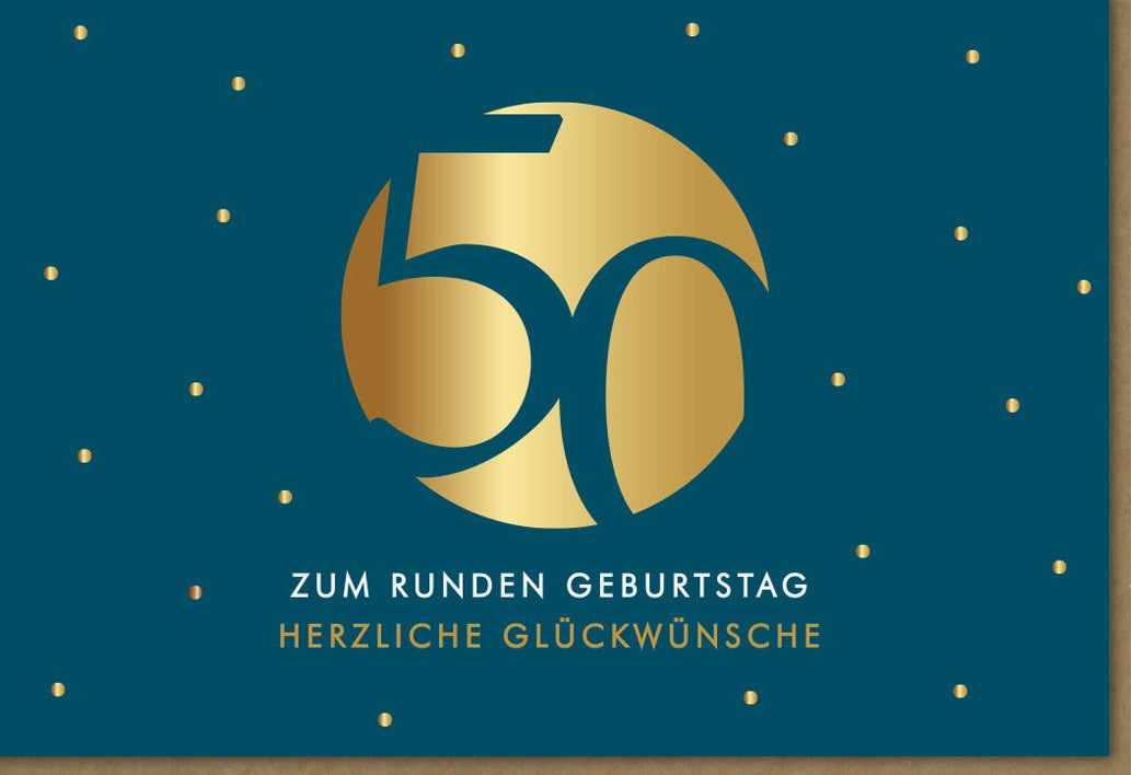 Geburtstagskarte zum 50. Jubiläum – Elegante Glückwunschkarte in Gold & Blau, Stilvolle Dekoration für Erwachsene & Senioren, Zeitloses Design für Festlichkeit & Feier des Jubilars, Schlichte und Moderne Halbrunde Doppelkarte