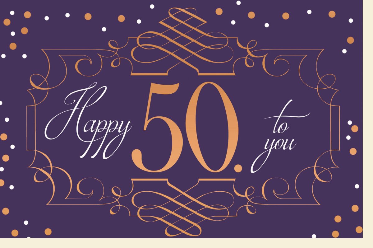 Geburtstagskarte zum 50. Jubiläum - Elegante Glückwunschkarte in Lila & Gold mit Vintage Schriftzug, Runder Geburtstagseinladung Dekoration