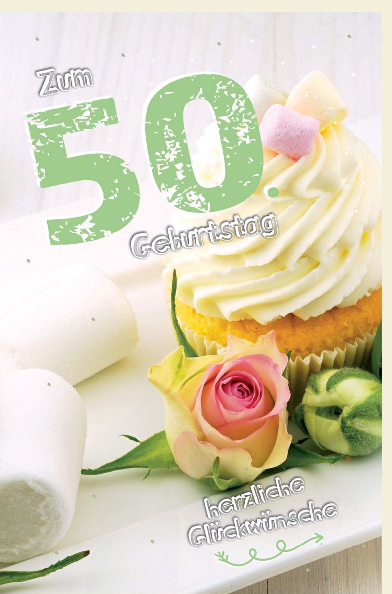 Geburtstagskarte zum 50. Jubiläum - Elegante Glückwünschkarte mit Torte & Rose, Festliche Dekoration, Edler Schriftzug, Ideal zum Feiern & Gratulieren, Grußkarte für Geburtstagsfeier & Geschenk