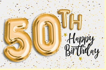 Geburtstagskarte zum 50. Jubiläum – Elegante Schriftkarte mit Glimmer, Gold & Konfetti, Glückwunsch Feier - Karte