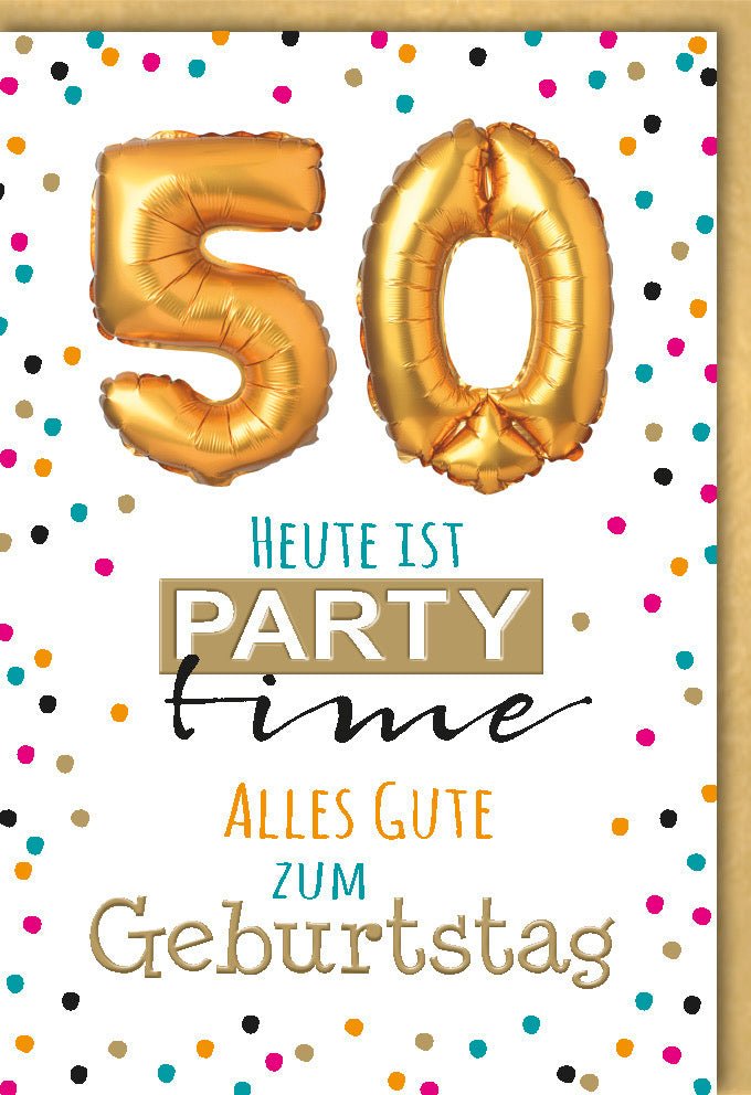 Geburtstagskarte zum 50. Jubiläum - Partytime Elegante Glückwunschkarte, Runder Geburtstag Feier Dekoration in Gold, Schwarz & Weiß mit Bunten Punkten, Festliche Ballons Design für Jubilar Feiern