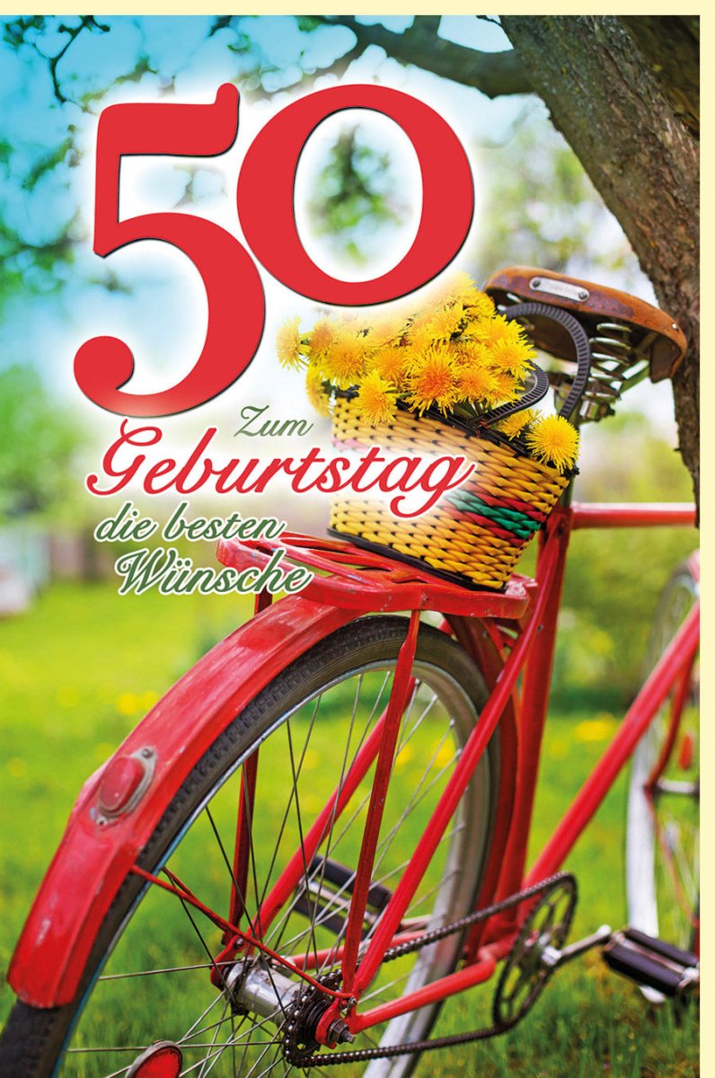 Geburtstagskarte zum 50. Jubiläum - Sommerliche Naturidylle mit Rotes Fahrrad & Baum, Vintage Löwenzahn - Design, Glückwünsche in Grün, Rot & Gelb, Entspannung pur für Erwachsene