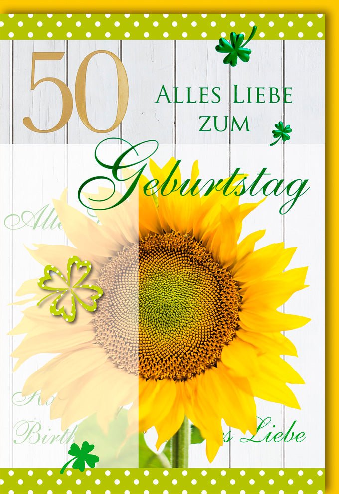 Geburtstagskarte zum 50. Jubiläum - Sonnenblumen - Design mit Goldener Zahl, Glückwunschkarte in Holzoptik, Grün & Gelb, für Erwachsene, Frauen und Männer, Fünfzigster Geburtstag mit Gelbdominanz
