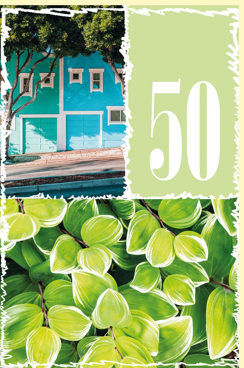 Geburtstagskarte zum 50. Jubiläum - Stilvolle Doppelkarte mit Zahlenmotiv, Häusern & Blättern in Grün - Türkis, Elegante Gratulationskarte für Erwachsene, Männer & Frauen, Perfekte Geschenkidee & Feier Dekoration