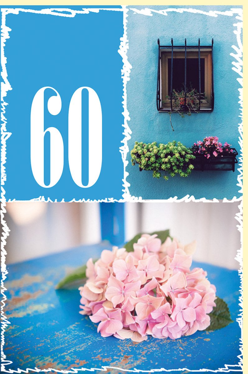 Geburtstagskarte zum 60. Zahlengeburtstag - Sechzigster mit Fenster & Blüten Design, Glückwünsche & Feier Dekoration, Einladungskarte für Jubiläum, Feiern & Geburtstagsfeier - "Happy Birthday" Doppelkarte