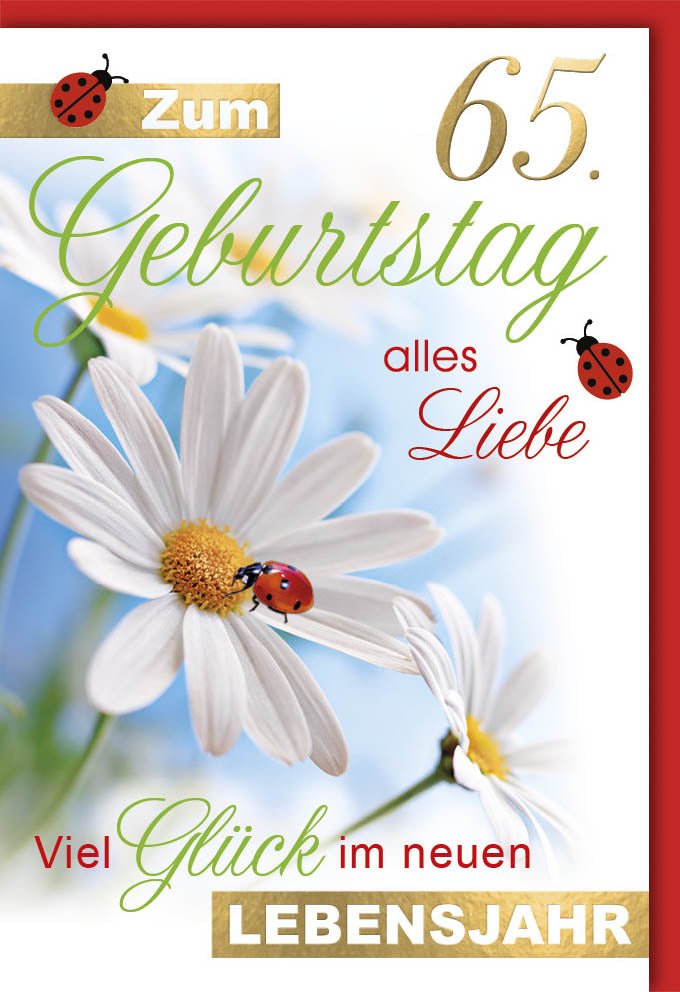 Geburtstagskarte zum 65. Jubiläum - Elegante Doppelkarte mit Goldfolie, Blumen - & Naturmotiv, Marienkäfer Design in Grün & Weiß, Herzliche Glückwünsche & Liebe für Senioren, Festliche Geburtstagsgrüße