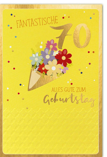 Geburtstagskarte zum 70. Jubiläum - Elegante Doppelkarte mit Blumenstrauß - Motiv, Glückwünsche in Gelb & Gold Prägung, Festliche Gratulationskarte für Senioren, Ideal als Dekoration & Geschenkidee für Familie und Freunde