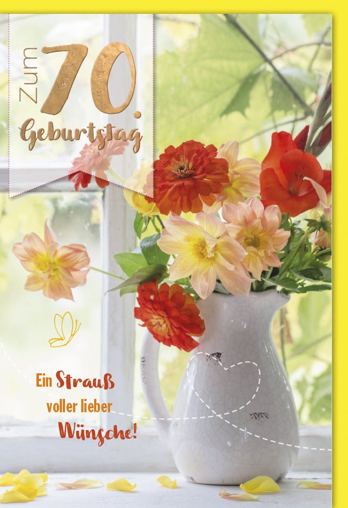 Geburtstagskarte zum 70. Jubiläum - Elegante Doppelkarte mit Blumenstrauß - Motiv, Herzliche Glückwünsche & Festliche Gratulation, Ideal für Runde Geburtstage und Feierlichkeiten