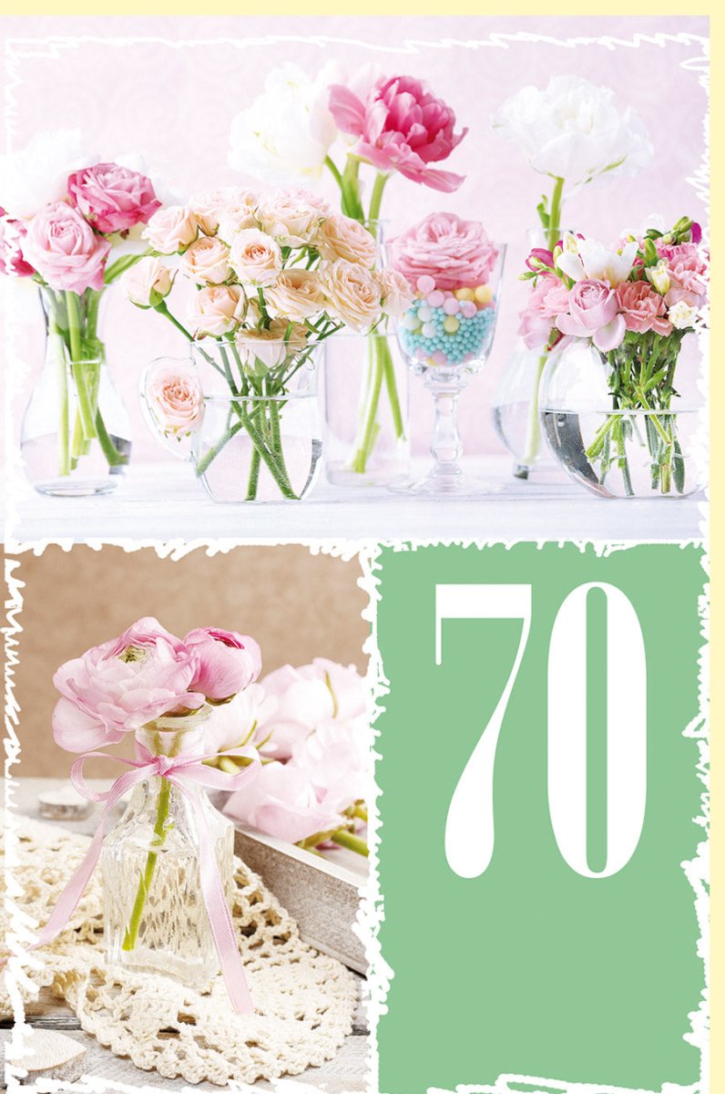 Geburtstagskarte zum 70. Jubiläum - Elegante Doppelkarte mit Rosen & Vasen, Glückwünsche für Senioren, Frauen, Pastell Rosa Grün Weiß, Blumenarrangement, Festliche Tischdeko für den Siebzigsten