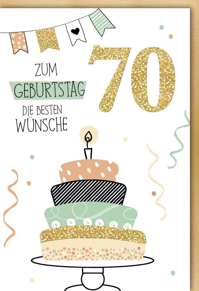 Geburtstagskarte zum 70. Jubiläum - Elegante Glückwunschkarte mit Torte, Kerze & Glitzerlack, Goldene Akzente, Festliche Grußkarte für Siebzigsten, Dekoration für Geburtstagsfeier, Zahlenkarte Design