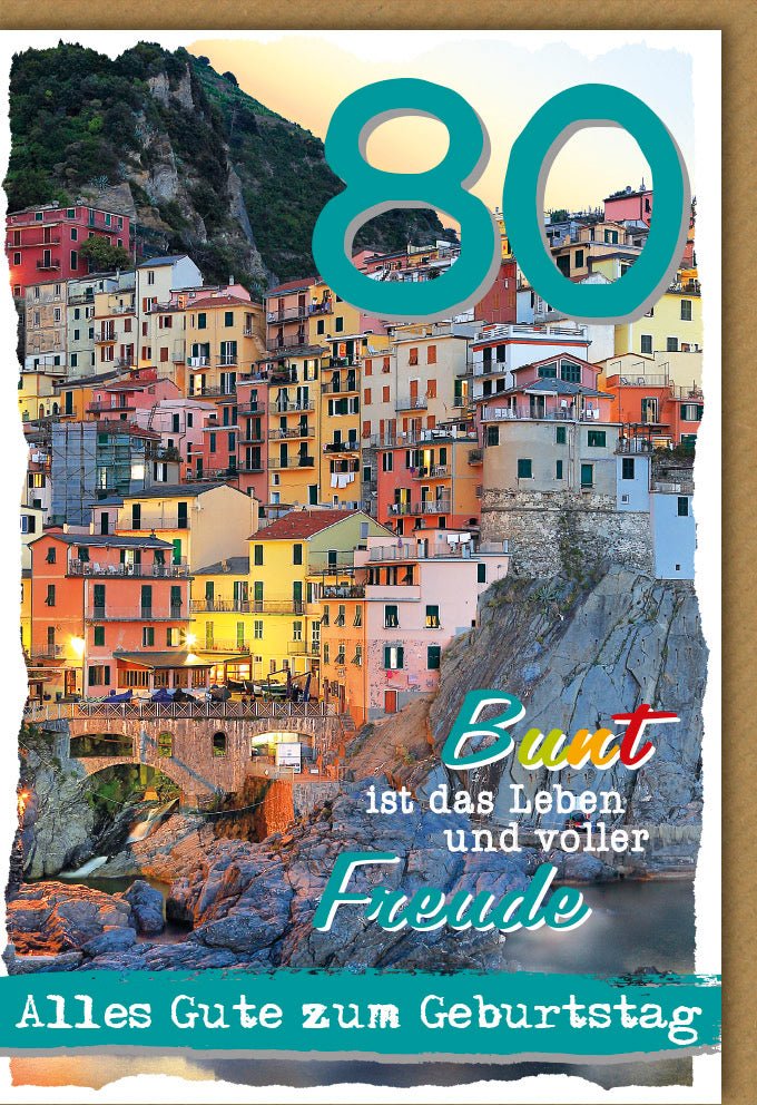 Geburtstagskarte zum 80. - Bunte Lebensfreude & Glückwünsche - Farbenfrohe Jubiläumsfeier Karte zur Gratulation
