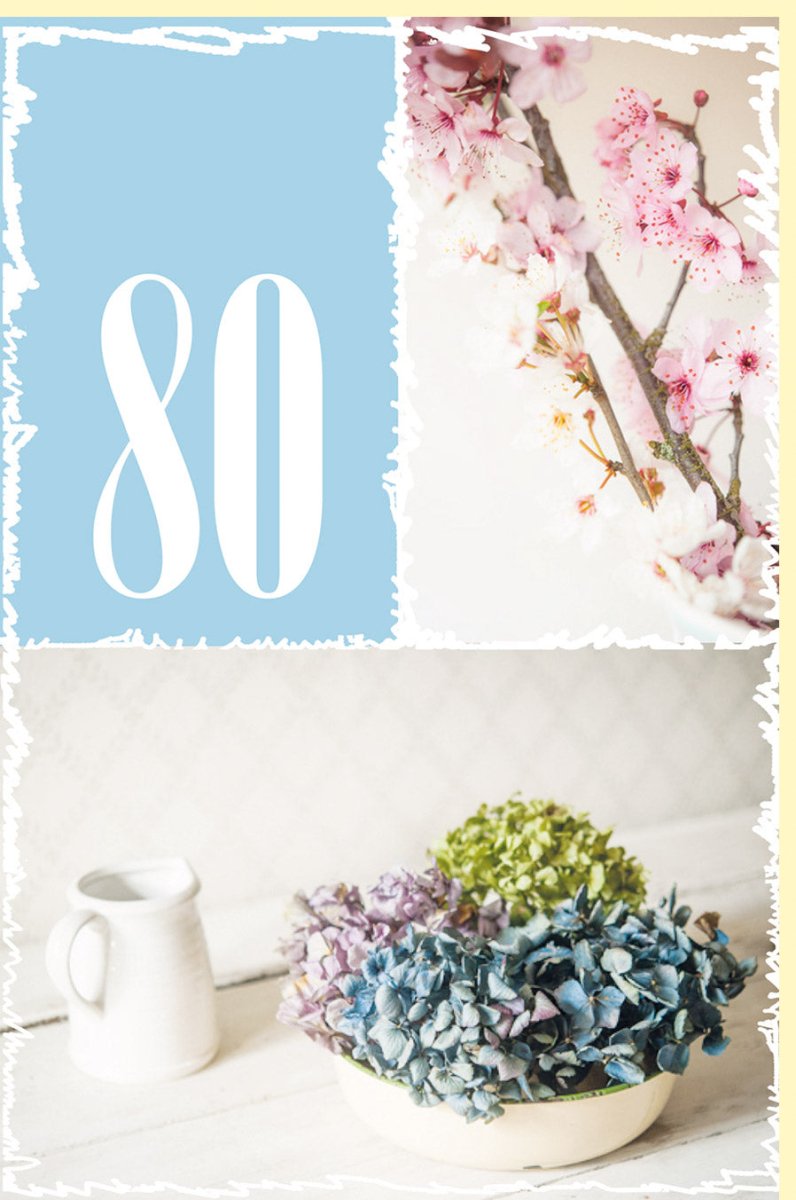 Geburtstagskarte zum 80. Jubiläum - Elegante Doppelkarte für den Achtzigsten Zahlengeburtstag, Festliche Glückwunschkarte mit Blumen, Zweigen & Blütenschale, Geschmackvolle Dekoration in Pastellfarben