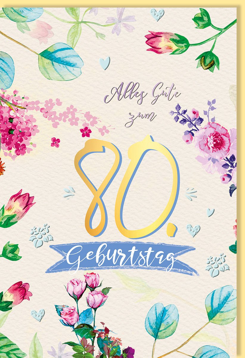 Geburtstagskarte zum 80. Jubiläum: Elegante Doppelkarte mit Blumenillustration in Aquarell, Rosa Gelb Grün Pastellfarben, Festliche Glückwünsche für Senioren, Ideal für Oma & Opa's Geburtstagsfeier