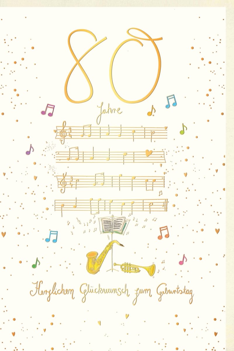Geburtstagskarte zum 80. Jubiläum - Elegante Doppelkarte mit Musiknoten, Trompete & Goldener Schrift, Stilvolle Feier Dekoration, Klassisch Herzlichen Glückwunsch, Festliche Notenlinien Design