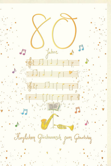 Geburtstagskarte zum 80. Jubiläum - Elegante Doppelkarte mit Musiknoten, Trompete & Goldener Schrift, Stilvolle Feier Dekoration, Klassisch Herzlichen Glückwunsch, Festliche Notenlinien Design