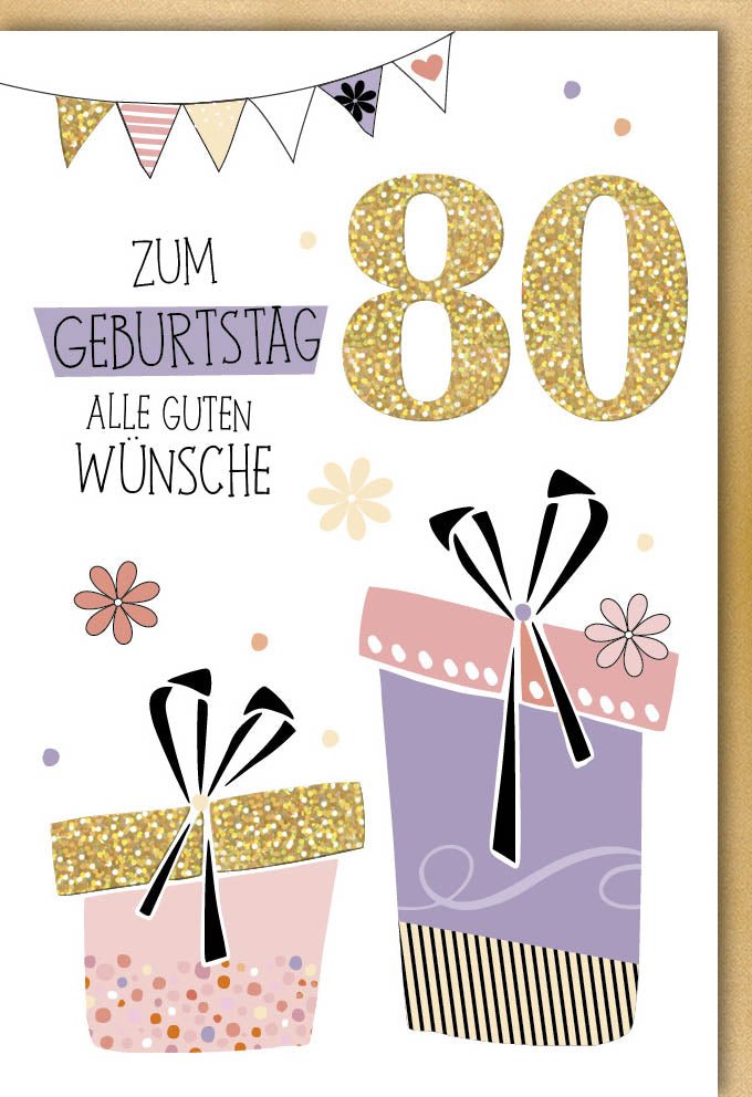 Geburtstagskarte zum 80. Jubiläum - Elegantes Glitzer - Design mit bunten Fähnchen, Hochwertige Papeterie für Feier & Dekoration, Festliche Glückwünschkarte mit Qualität für Geschenke