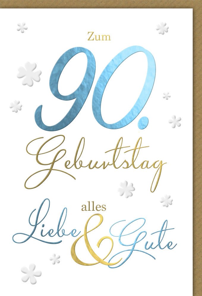 Geburtstagskarte zum 90. Jubiläum - Elegante Doppelkarte mit liebevollen Glückwünschen, schlichtem Design & Blumendekoration für den neunzigsten Geburtstag, Festliche Gratulationskarte