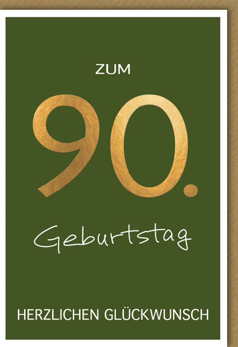 Geburtstagskarte zum 90. Jubiläum - Elegante Glückwunschkarte für den neunzigsten Geburtstag mit goldener Schrift, schlichtem Design und festlichen Motiven, Hochwertige Doppelkarte für Gratulation und Gruß, Feierliches Geburtstagsglückwunsch - Design