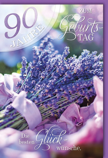 Geburtstagskarte zum 90. Jubiläum – Elegante Lavendel Glückwünsche, Vintage Lila Blumen Dekoration, Festliche Schriftzug Gratulation
