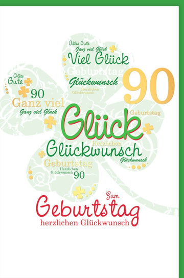 Geburtstagskarte zum 90. Jubiläum - Glückwunsch Kleeblatt Design, Grüne Deko, Festliche Gratulation & Glücksbringer