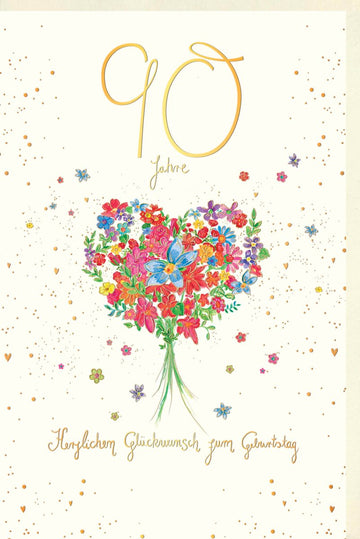 Geburtstagskarte zum 90. Jubiläum - Herzliche Glückwünsche mit Buntem Blumenstrauß, Schmetterlingen & Eleganter Goldschrift