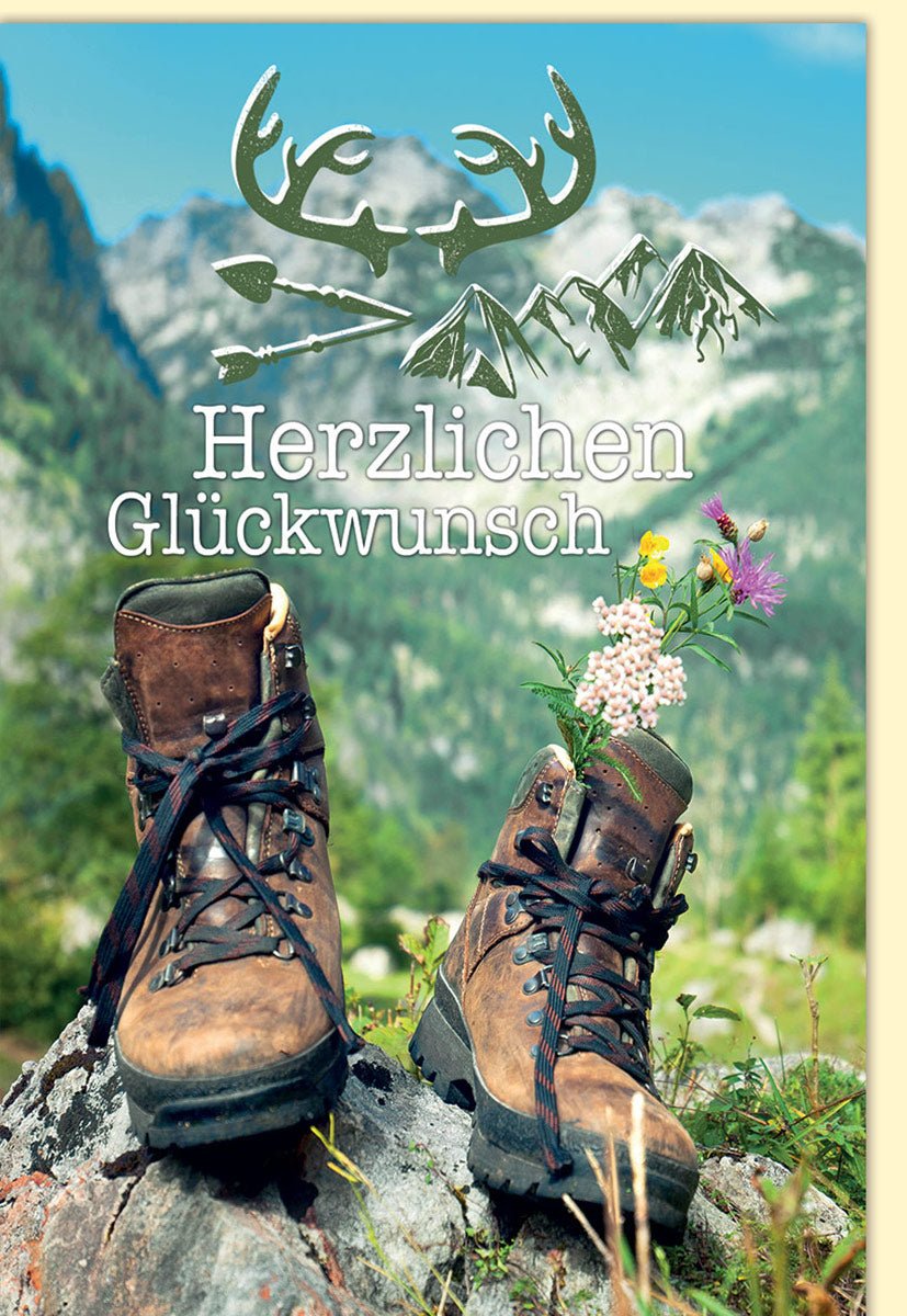 Geburtstagskarten Glückwunschkarten Geburtstag Doppelkarte mit Berglandschaft und Wanderschuhen Herzlichen Glückwunsch Hirschgeweih und Blumenmotiv Naturdesign mit Umschlag