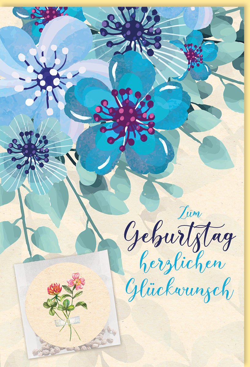 Geburtstagskarten Glückwunschkarten Geburtstag Doppelkarte mit blauen und lila Blumen Illustration und kleiner Karte mit Blumenmotiv Zum Geburtstag herzlichen Glückwunsch mit Umschlag