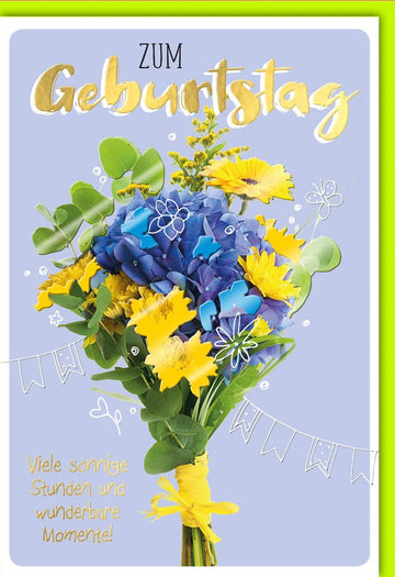 Geburtstagskarten Glückwunschkarten Geburtstag Doppelkarte mit Blumenstrauß in Gelb und Blau Schriftzug Zum Geburtstag und Text Viele sonnige Stunden und wunderbare Momente mit Umschlag