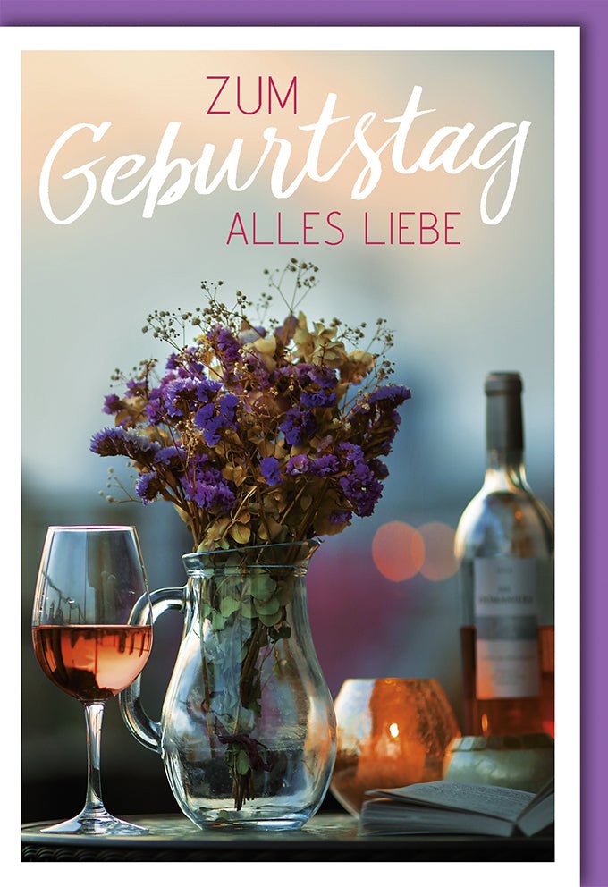 Geburtstagskarten Glückwunschkarten Geburtstag Doppelkarte mit Blumenstrauß Weinglas Weinflasche Kerze und Buch Motiv mit Umschlag