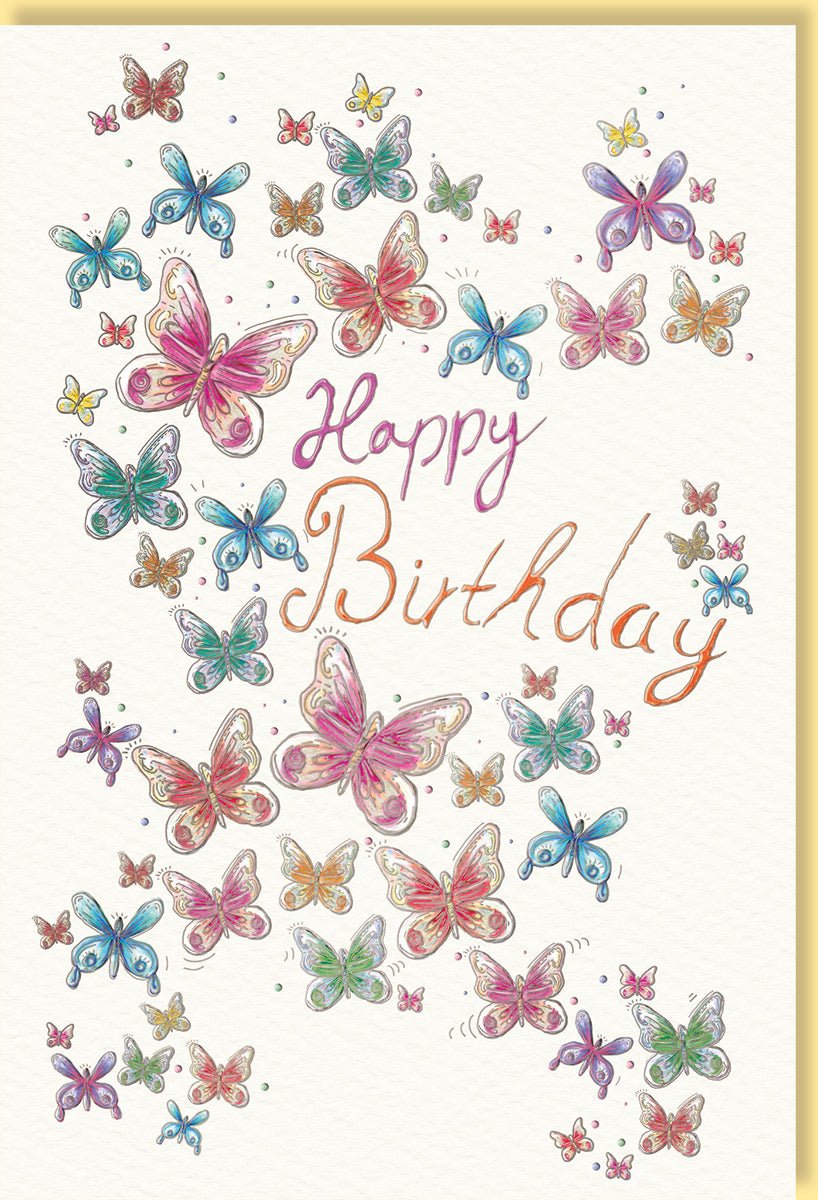 Geburtstagskarten Glückwunschkarten Geburtstag Doppelkarte mit bunten Schmetterlingen und Happy Birthday Schriftzug auf hochwertigem Papier ideal für Geburtstagswünsche mit Umschlag