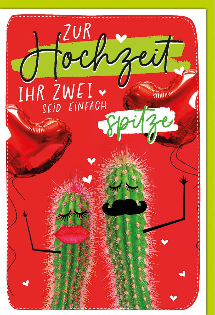 Geburtstagskarten Glückwunschkarten Geburtstag Doppelkarte mit Kaktus Motiv zwei Kakteen mit roten Herzballons und Aufschrift Ihr Zwei seid einfach spitze zur Hochzeit mit Umschlag