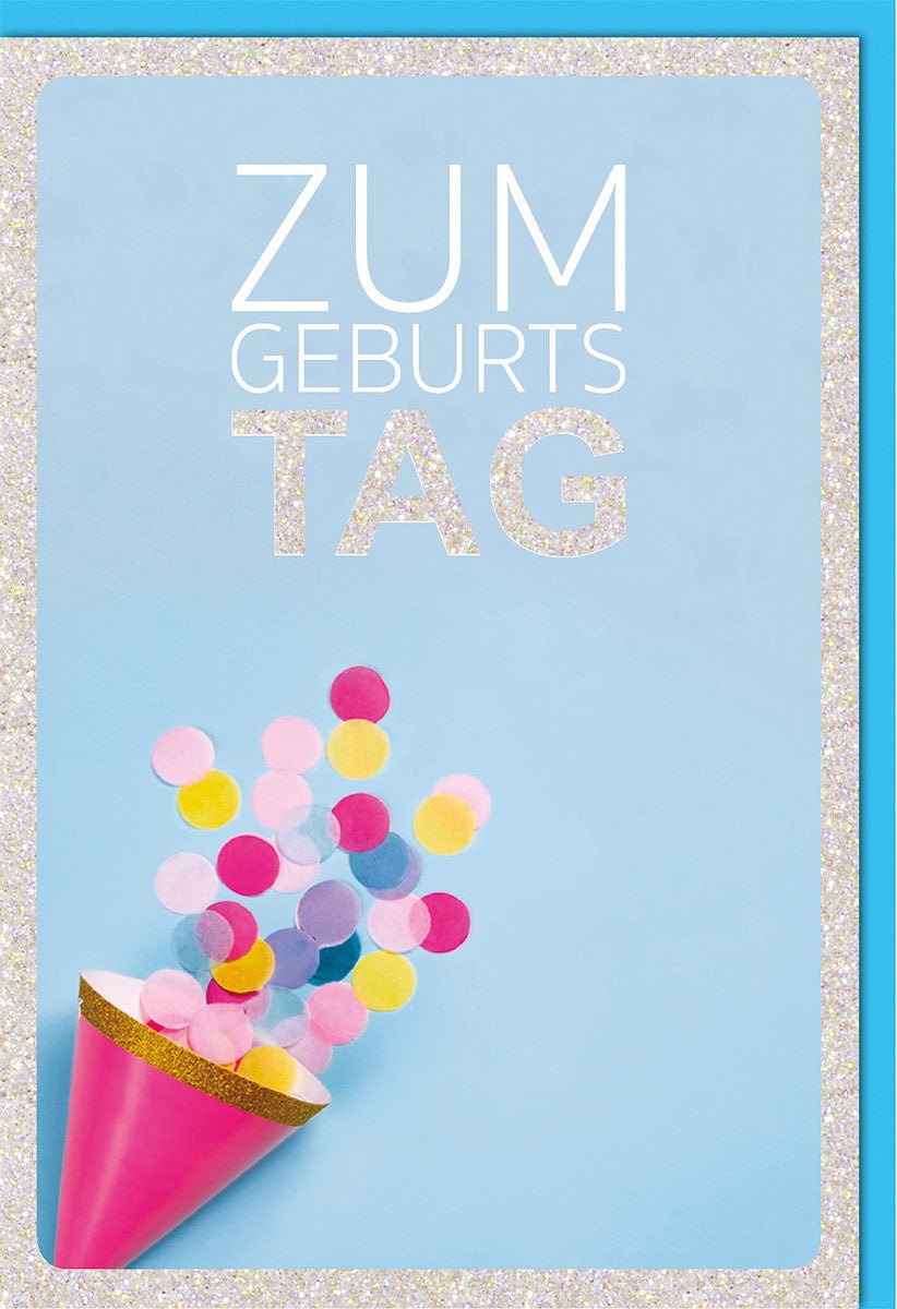 Geburtstagskarten Glückwunschkarten Geburtstag Doppelkarte mit Konfetti Design und Schriftzug Zum Geburtstag Glitzerrahmen auf blauem Hintergrund mit Umschlag