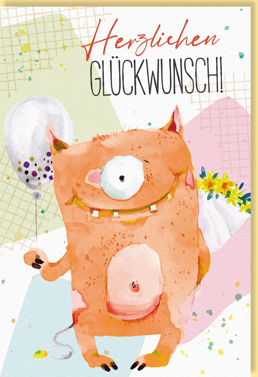 Geburtstagskarten Glückwunschkarten Geburtstag Doppelkarte mit lustigem Monster Luftballon und Blumenmotiv farbenfrohes Design ideal für Kinder und Erwachsene mit Umschlag