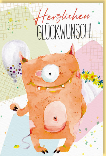 Geburtstagskarten Glückwunschkarten Geburtstag Doppelkarte mit lustigem Monster Luftballon und Blumenmotiv farbenfrohes Design ideal für Kinder und Erwachsene mit Umschlag