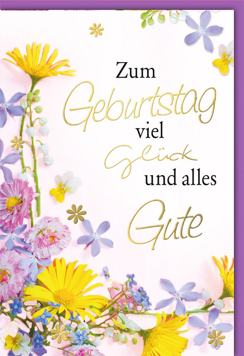 Geburtstagskarten Glückwunschkarten Geburtstag Doppelkarte Zum Geburtstag viel Glück und alles Gute bunte Blumen in Gelb Lila Blau und Rosa mit Umschlag