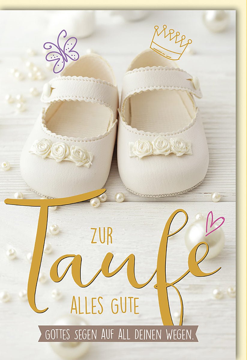 Geburtstagskarten Glückwunschkarten Geburtstag Doppelkarte zur Taufe mit Babyschuhen Krone Schmetterling Herz und Perlen Gottes Segen auf all deinen Wegen mit Umschlag
