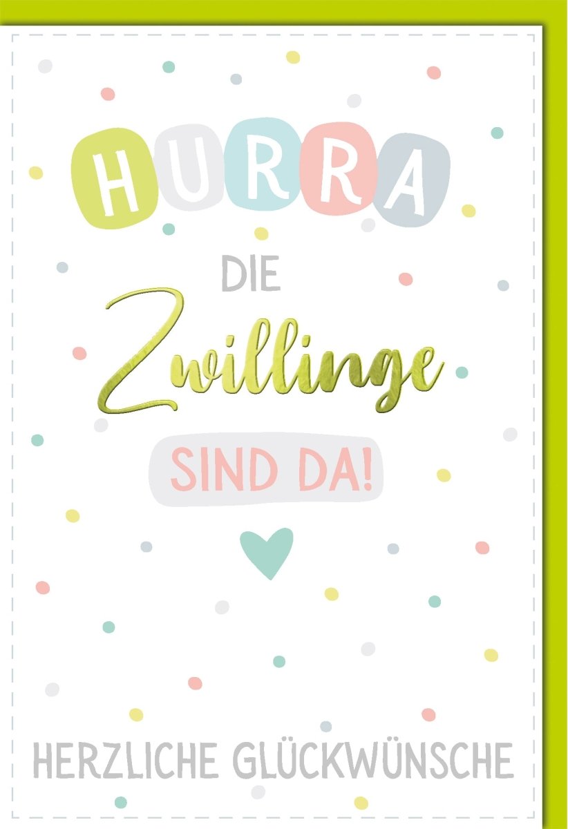 Geburtstagskarten Glückwunschkarten Geburtstag Hurra die Zwillinge sind da Herzliche Glückwünsche bunte Punkte pastellfarbenes Design grünes Herz mit Umschlag