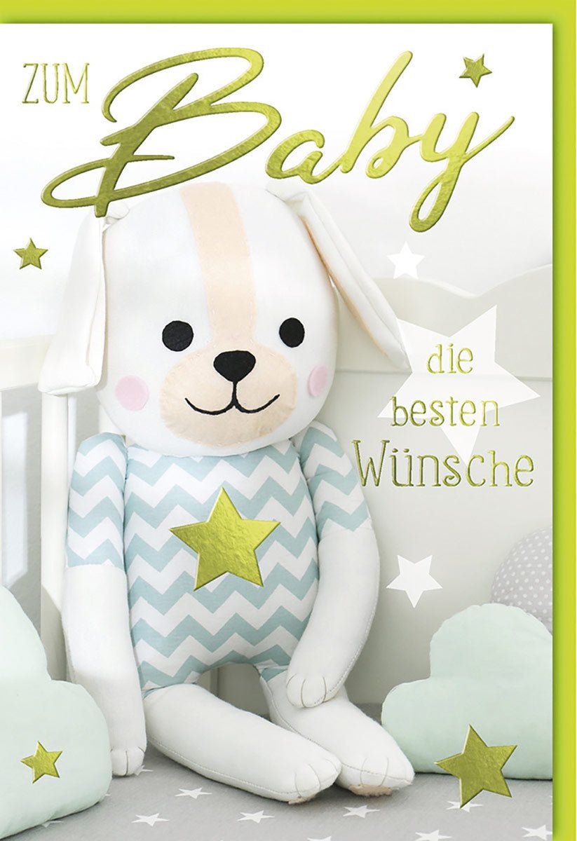 Geburtstagskarten Glückwunschkarten Geburtstag Karte mit süßem Plüschhund Sternen und Wolken Motiv für Babys zur Geburt oder Taufe in sanften Farben mit Umschlag