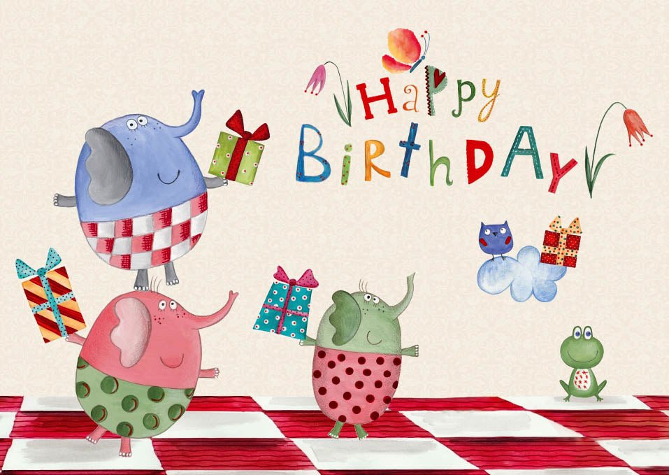 Geburtstagspostkarte Eier Elefanten Happy Birthday