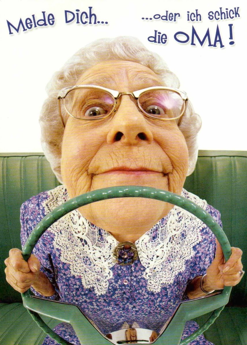 Geburtstagspostkarte für Oma: Witzige Überraschung mit Drohung, Spaß & Brille – Humorvolle Vintage - Lupe, Retro - Gesichtsausdruck auf Sofa – Bleib in Kontakt!