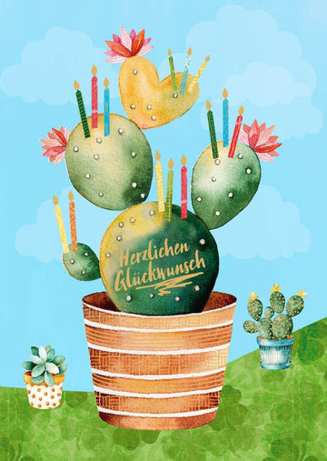 Geburtstagspostkarte Kaktus Kerzen Herzlichen Glückwunsch