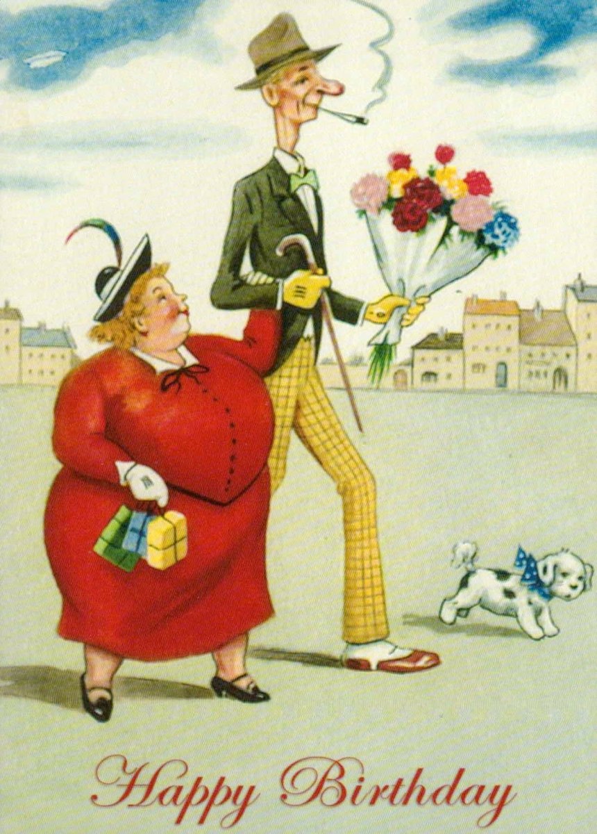 Geburtstagspostkarte Mann Frau Hund vintage Happy Birthday